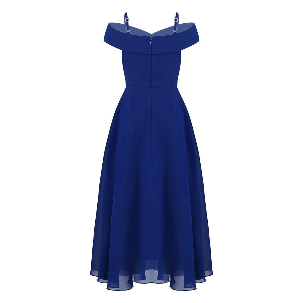 Kids Girls Elegant Chiffon Party Dress Off Shoulder Adjustable Strap Floor Length Evening Gown