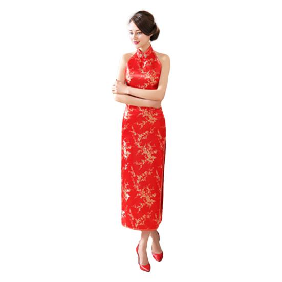Women Summer Cheongsam Stand Collar Printing Off Shoulder Backless Split Hem Hollow Out Sleeveless Qipao Slim Fit Retro
