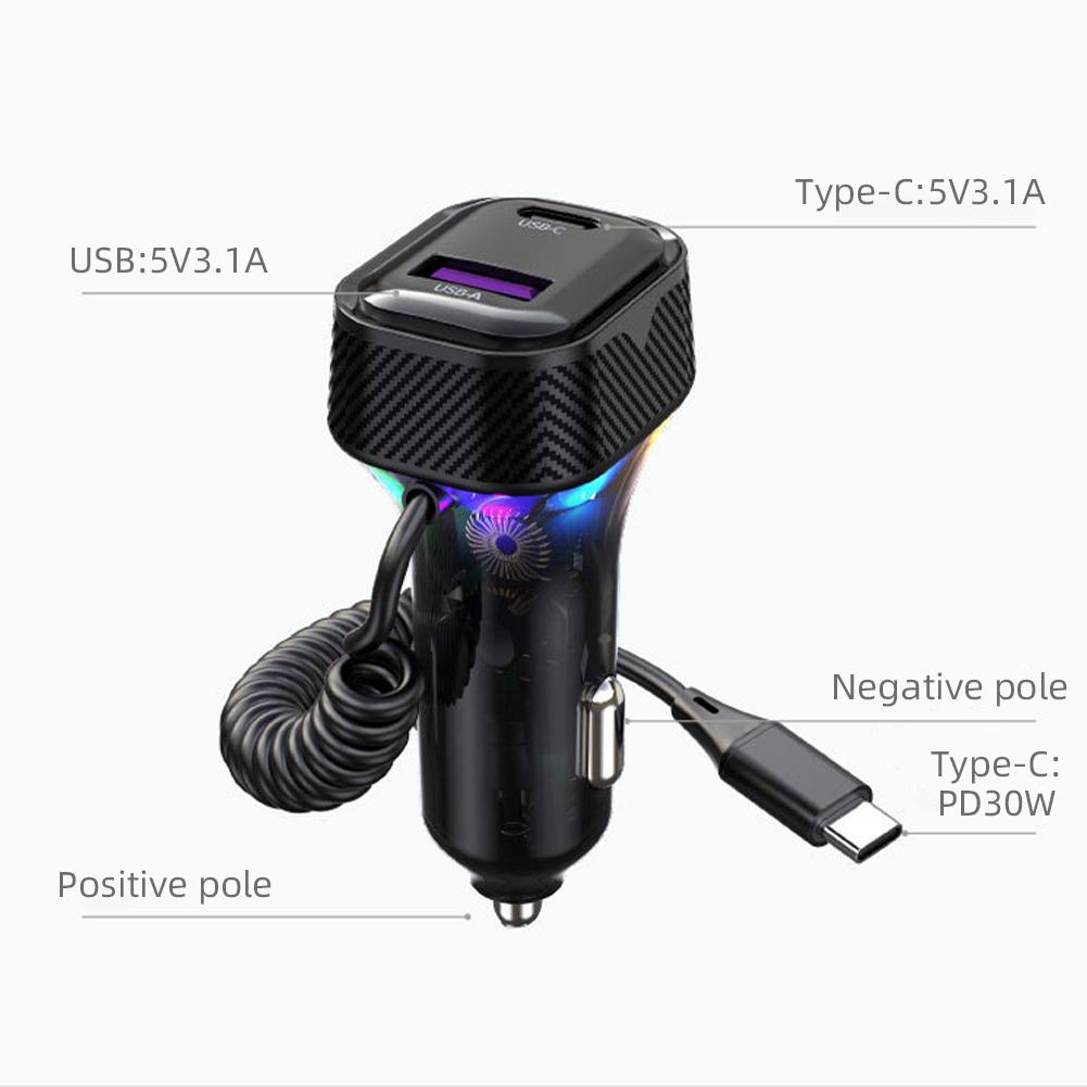 PD 30W быстрое автомобильное зарядное устройство с пружинной проволокой атмосферный свет прикуриватель конвертер 3 выхода для автомобилей 12V-24V #468740