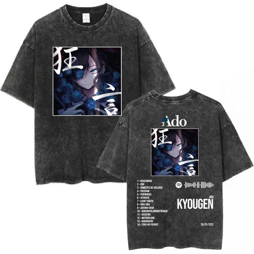 Ado Red Rose 2025 Мировой тур Hibana Футболки с винтажной стиркой Мужские Женские Модные Футболки Харадзюку Высокое качество 100% хлопок