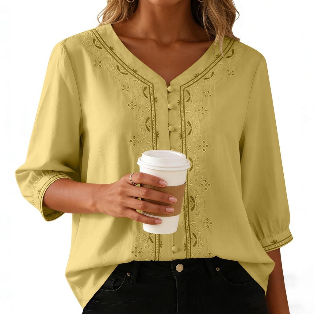 Women's Cotton Linen Tops Retro Chinese Button Top 3/4 Sleeve V Neck Shirts