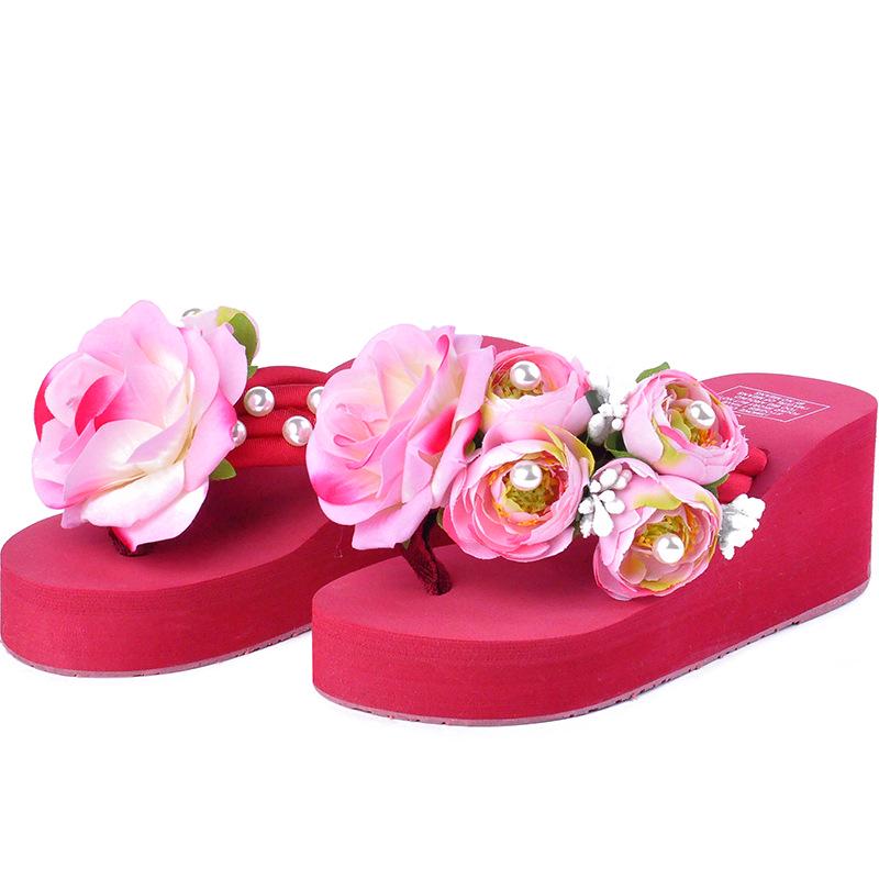 Женские летние тапочки на высоком каблуке 5 см, женские шлепанцы с блестками и цветами, праздничные дышащие нескользящие тапочки, уличная пляжная обувь