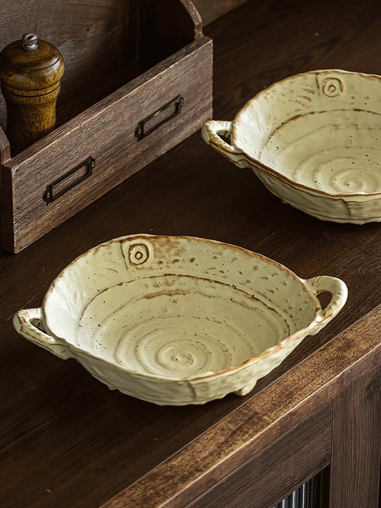 Тарелка из грубой керамики, японская ретро керамическая тарелка с двойными ручками, тарелка для салата, бытовая тарелка для фруктов ручной работы, салатник