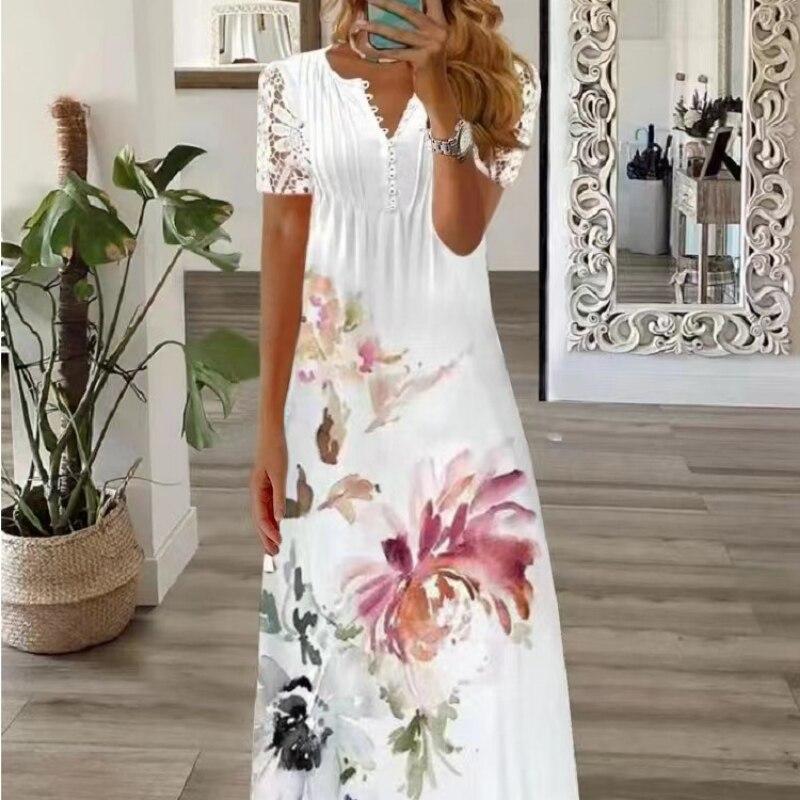 2023 Spring Printed Dress Sexy Women Fashion Summer Short Sleeve Long Dress Women A-line Loose Robe Clothes Elegant 26019