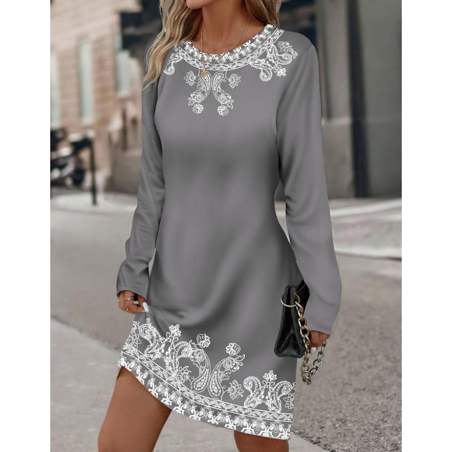 Весенне-летние женские платья с круглым вырезом и длинными рукавами, платье с цветочным принтом и растительным принтом