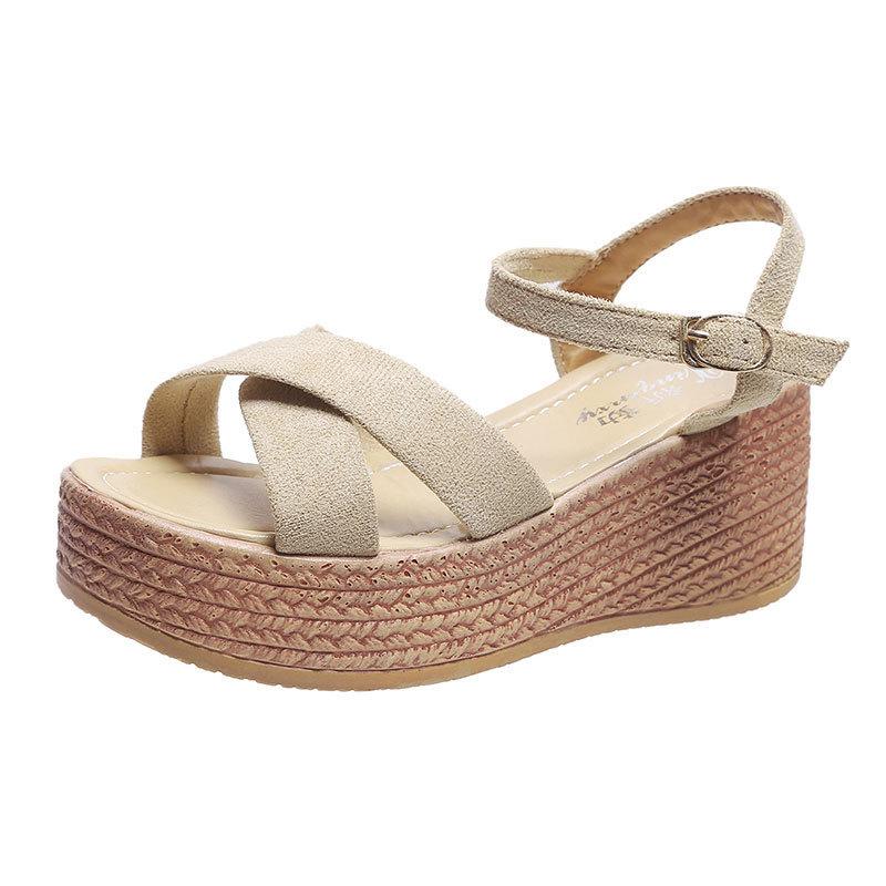 Wedge Heel Sandals Women's Spring and Summer Wedding Shoes High Heels Korean Version Versatile Platform Muffin Shoes One-word Buckle Strap Roman Shoes