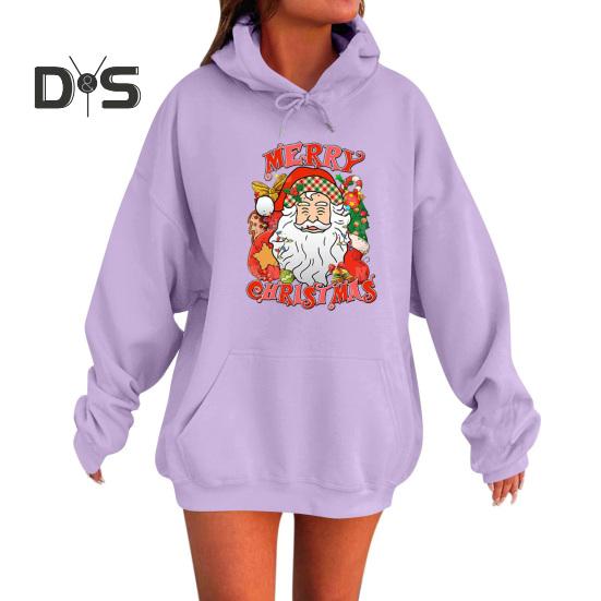 Женская рождественская толстовка с капюшоном с принтом Санта-Клауса, свободная, толстая, с длинными рукавами, эластичными манжетами и подолом, праздничная толстовка с капюшоном на шнурке и карманом