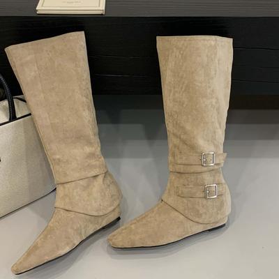 Eilyken Новинка Зимнего Дизайна Остроносые Сапоги до Колена Женские Низкий Каблук Комбинированные Ремешок с Пряжкой Женская Обувь De Mujer