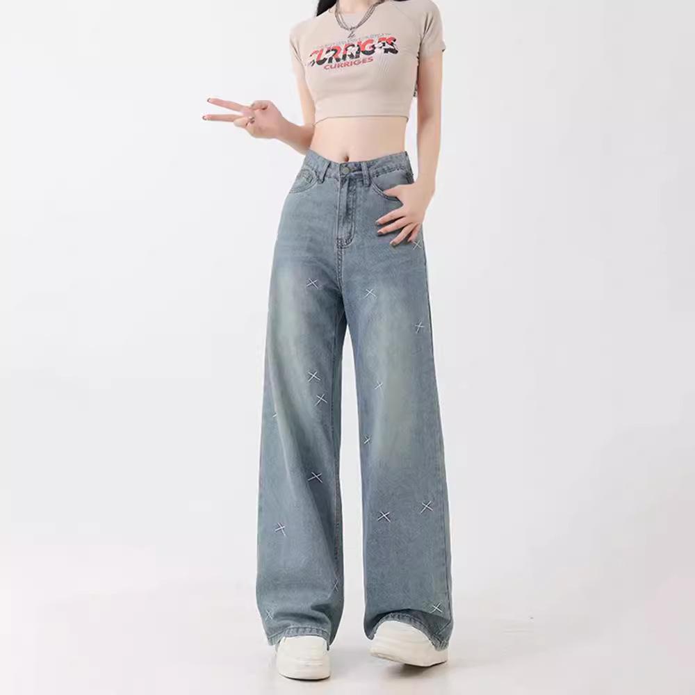 Женские джинсы с широкими штанинами, легкой вышивкой, высокой посадкой - больших размеров, облегающие