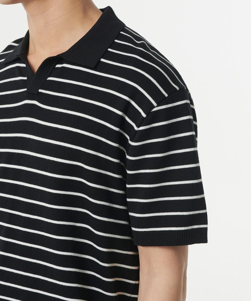 MUSINSA STANDARD Striped Slit Neck Knitted Polo Shirt [Black/White]
