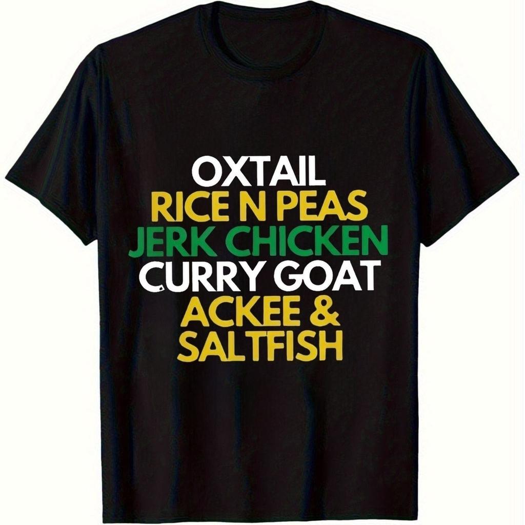 Jamaican Food Graphic Tshirt Men Retro Caribbean Cuisine Print Casual Cotton Tee Gift For Food Lovers Short Sleeve Top