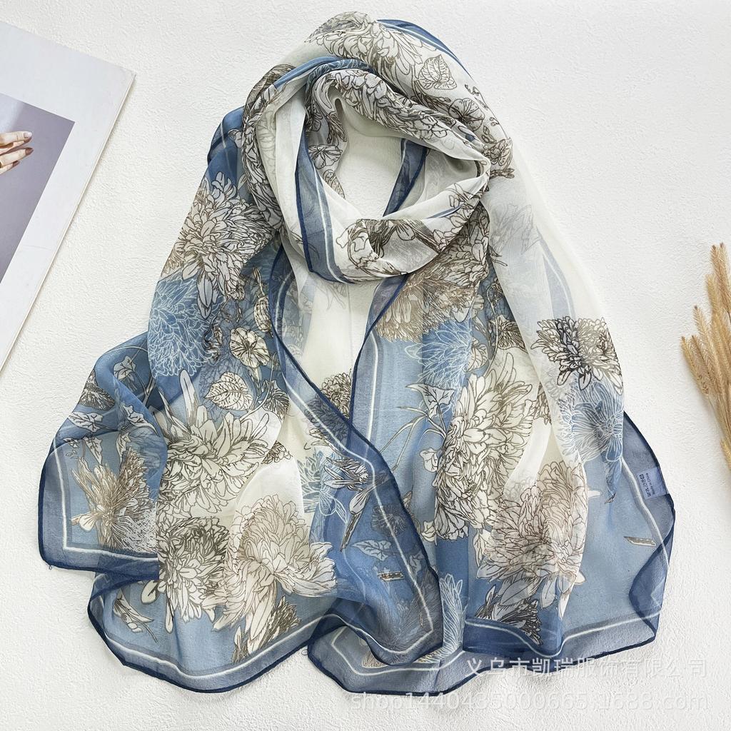 Новый длинный шелковый шарф с солнцезащитным кремом, тонкий искусственный шелк, весенне-летний женский шарф с принтом и украшением из жоржета