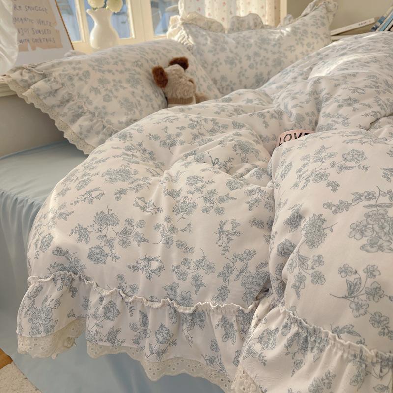 Комплект постельного белья из четырех предметов с двойной нитью, кружевной в принцессном стиле, приятный для кожи, дышащий, стиранные простыни, пододеяльник, наволочка