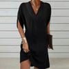 Women Dress V Neck Pleated Half Bat Sleeve Solid Color Loose Soft Breathable Commute Above Knee Mini Dress