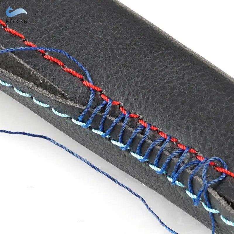 Кожаная внутренняя ручка из микрофибры, чехол для BMW 3 серии E90 E91, внутренняя отделка панели левой двери, черная с красной синей линией