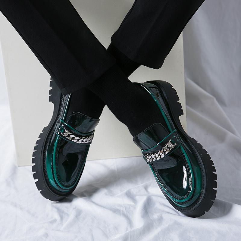 Мужская обувь для вечеринки, зеленая/черная лакированная обувь для мужчин, элегантная обувь, мужские мокасины без застежек, модные мужские туфли с большим носком на толстой подошве
