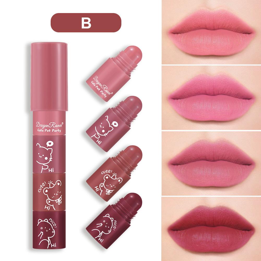 Четырехсекционный набор помад для губ Косметика Velvet Fog Face Cartoon Cute Matte Lipstick Mini Lipstick Pencil Case