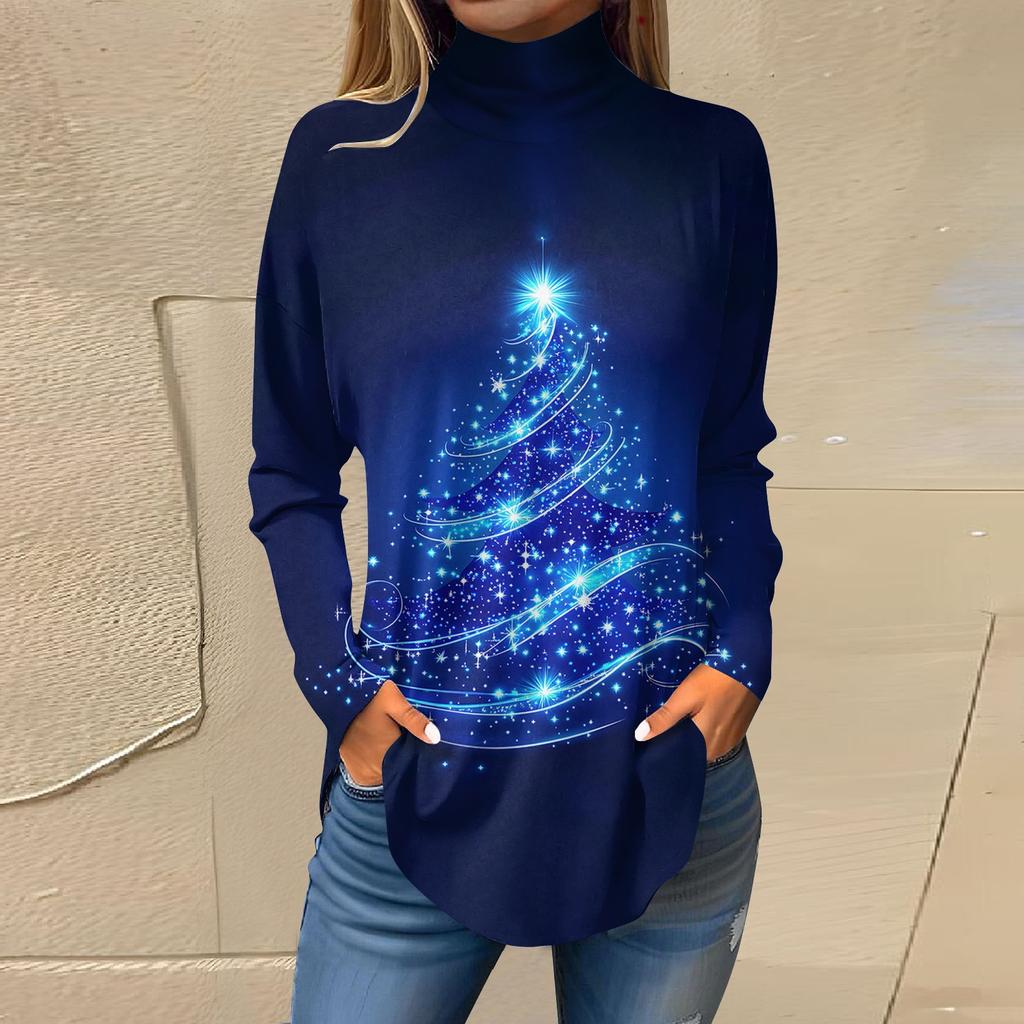 Женская модная повседневная футболка с длинным рукавом с высоким воротом и принтом, пуловер, топ