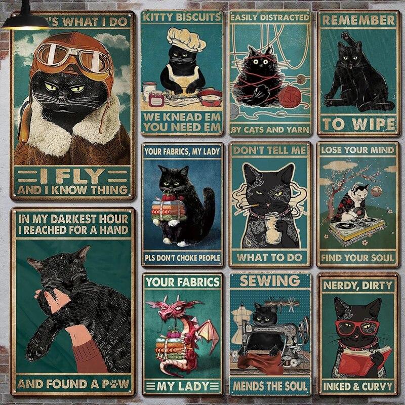 Винтажные металлические плакаты с черным котом, жестяная вывеска, мой Господь, настенные панно, забавные украшения, настенная живопись, модный стиль, домашний железный декор