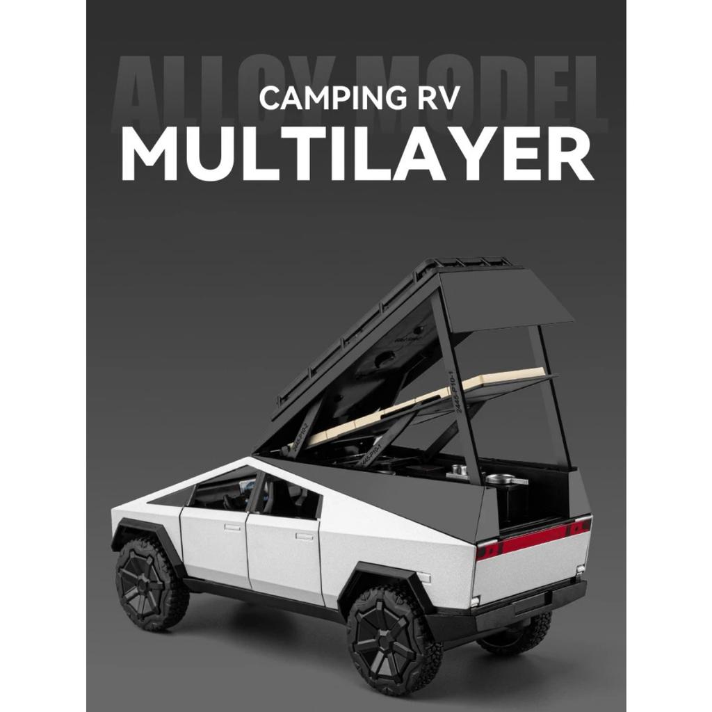 1/24 Tesla Cybertruck Кемпинговый автофургон из литого сплава Игрушечная модель автомобиля Звук и свет Детские игрушки Коллекционные предметы Подарок на день рождения