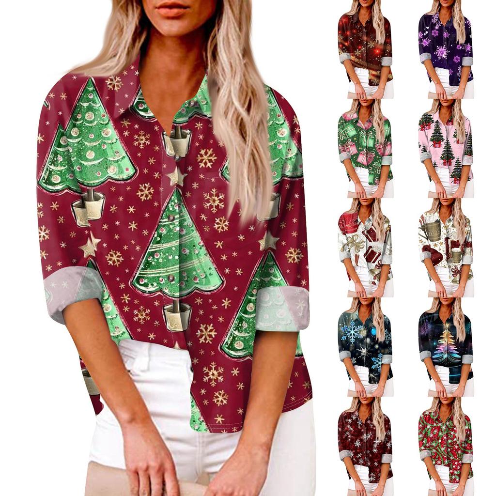 Женская свободная повседневная рубашка с длинными рукавами и рождественским принтом, кардиган с принтом и карманами