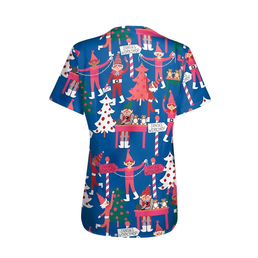 Женские топы с короткими рукавами и v-образным вырезом с рождественским принтом, рабочая блузка с карманами