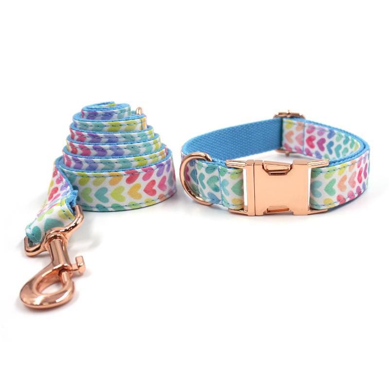 Good Quality Dog Harness Pet Collar and Leash Set Bow Tie Cute Design Colorful Heart Printing with Metal Buckles
