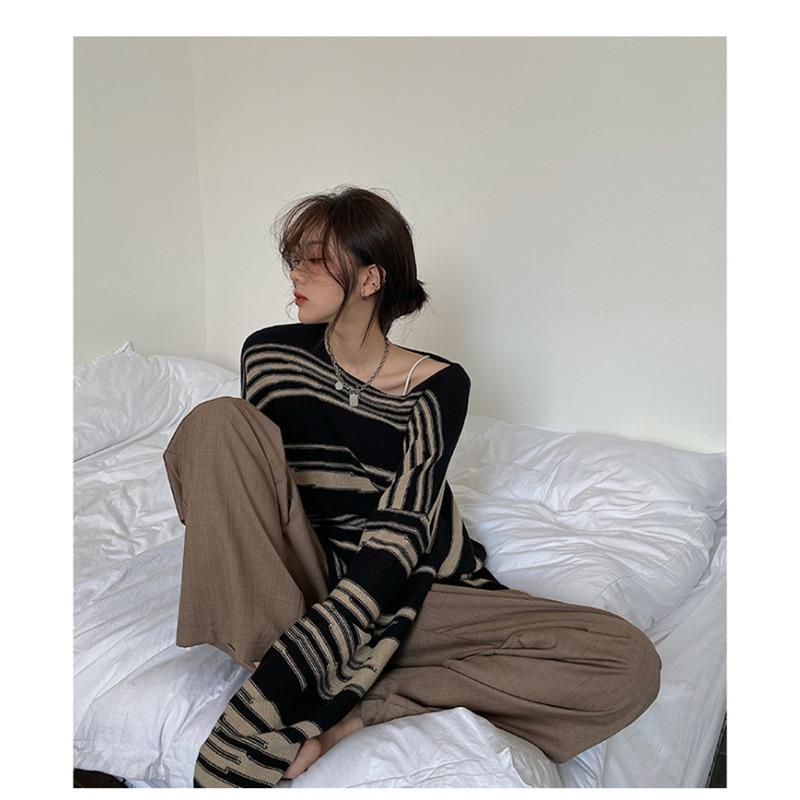 НОВЫЙ женский панк-готический полосатый свободный свитер с длинными рукавами в стиле хип-хоп, ретро-пуловер больших размеров, повседневные вязаные джемперы