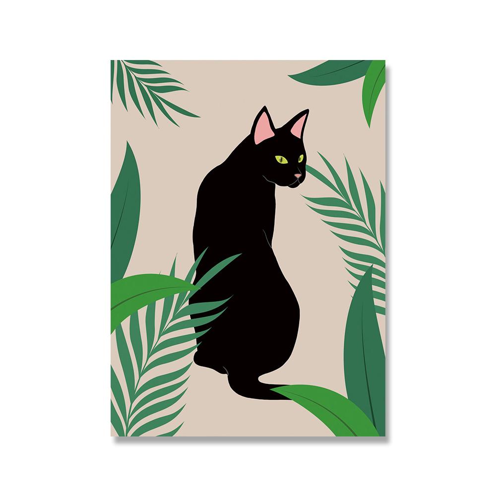 Ботанический черный кот, настенная живопись на холсте, стиль бохо, постер с животными, принты с тропическими растениями, забавные кухонные картины для домашнего декора