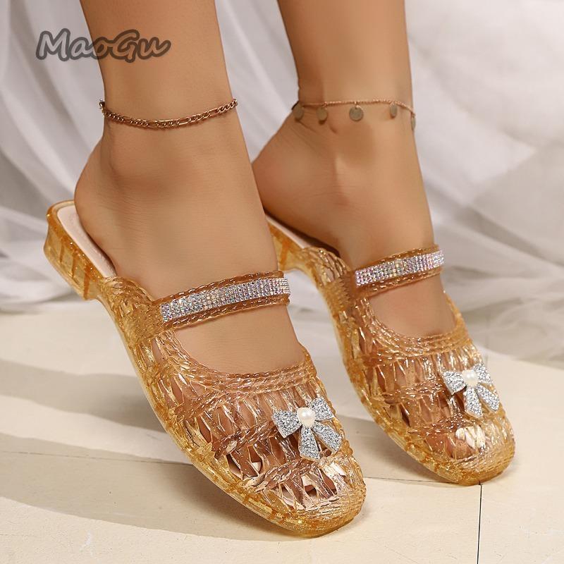 Fashion Low Heel Hollow Crystal Shoes for Women Pvc Slides Women's Beach Slippers Summer Footwear Large Size37 41 Zapatos De Mujer