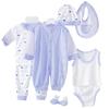 8PCS Set Baby Cotton Striped Jumper+Hats+Socks+Bib+Tops+Pants Outfits 0-3M