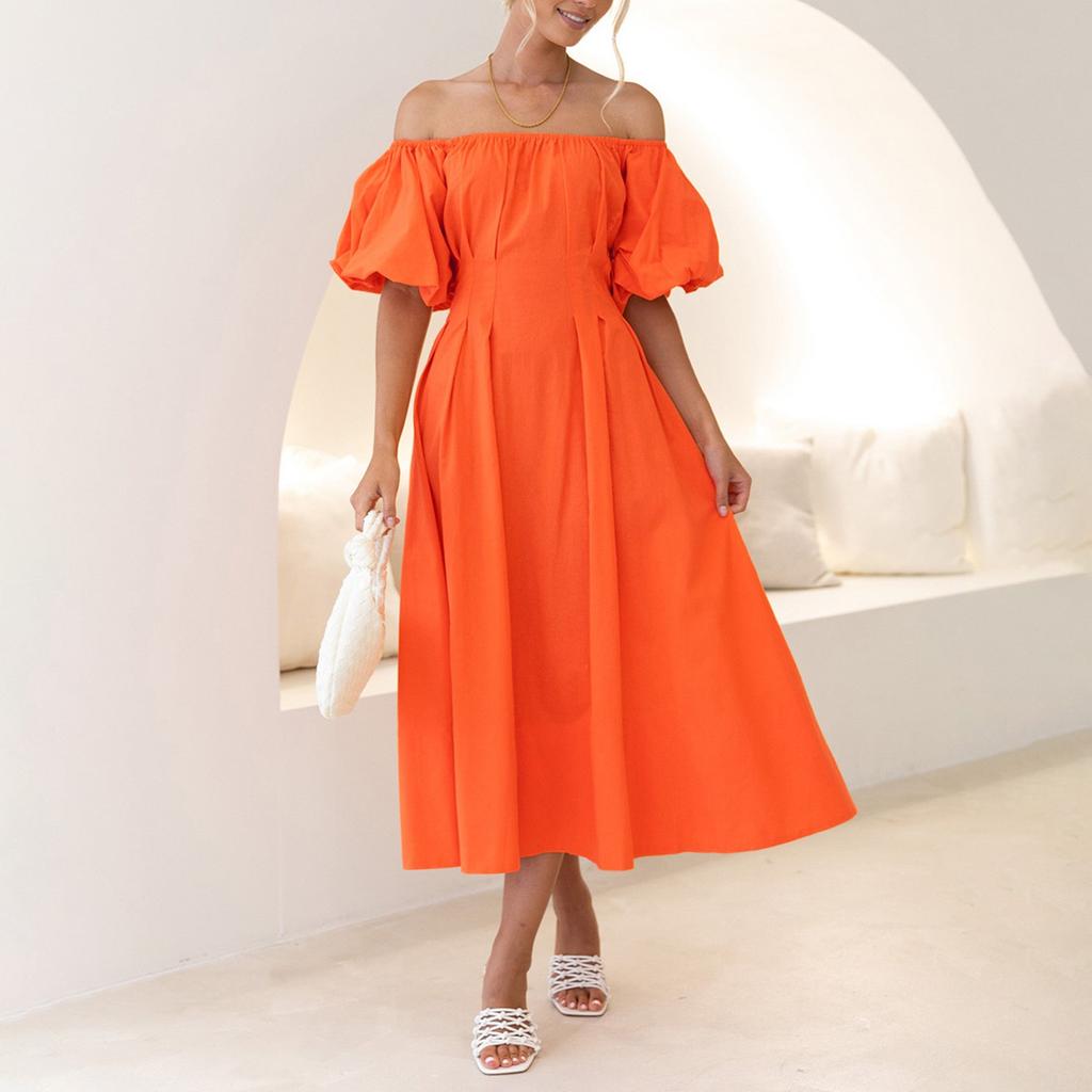 Women's Fashionable Solid Color One Line Neckline Bubble Short-Sleeved Temperament Pleated High Waisted Dress