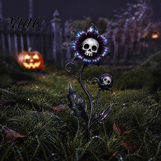 Scary Garden Ornaments Halloween Stake, Waterproof Spooky Skull Flower Lawn Art, 2D Creepy Decorative Path Stakes Metal Plant Stake for Porch, Patio,