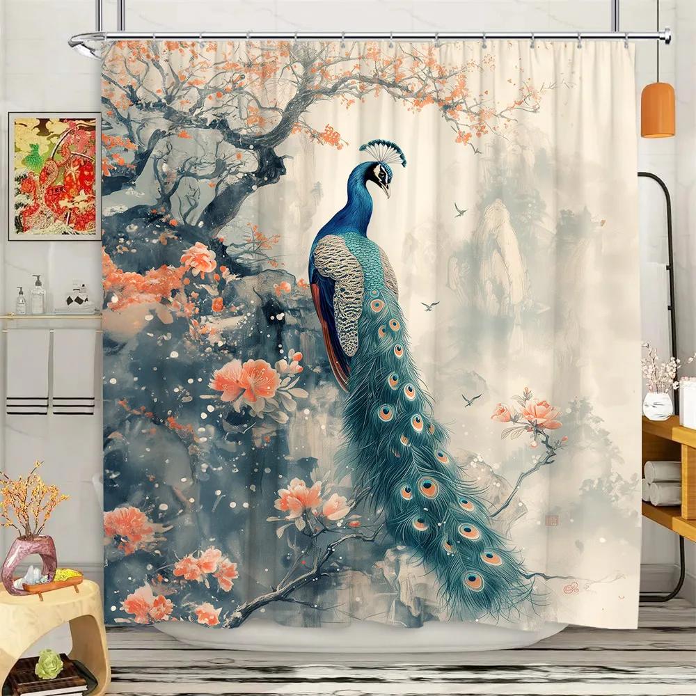 Peacock Shower Curtain Tropical Plant Flower Leaf Landscape Vintage Oil Painting Elegant Polyester Fabric Bathroom Decor Curtain