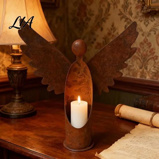Garden Patio Ornament Decor Rusted Angel Candle Holder, Vintage Metal Tealight Candelabra, Church Rustic Weather?Resistant Statue, Indoor