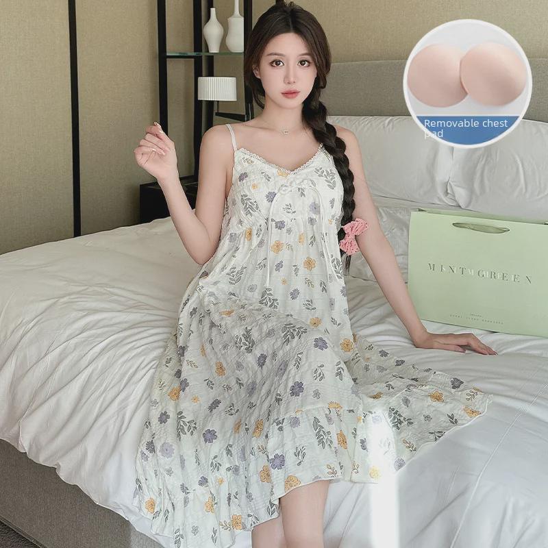 Летняя корейская ночная рубашка из тканого крепа с нагрудными подушечками - милая, тонкая, из чистого хлопка для женщин