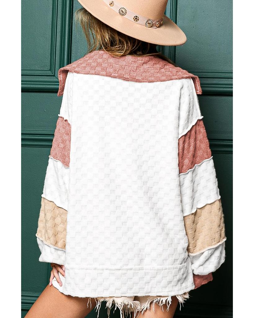 Azura Exchange White Plaid Patchwork Exposed Seam V Neck Loose Blouse