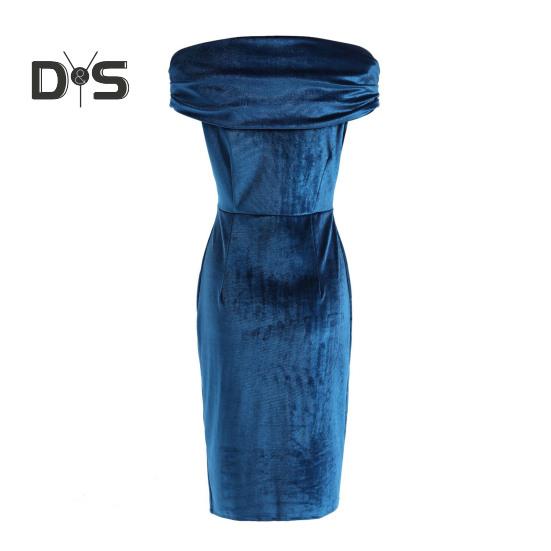 Sumer Evening Dress Off Shoulder Strapless Velvet Skinny Sheath Solid Color Sleeveless Backless Cocktail Party Prom Midi Dress