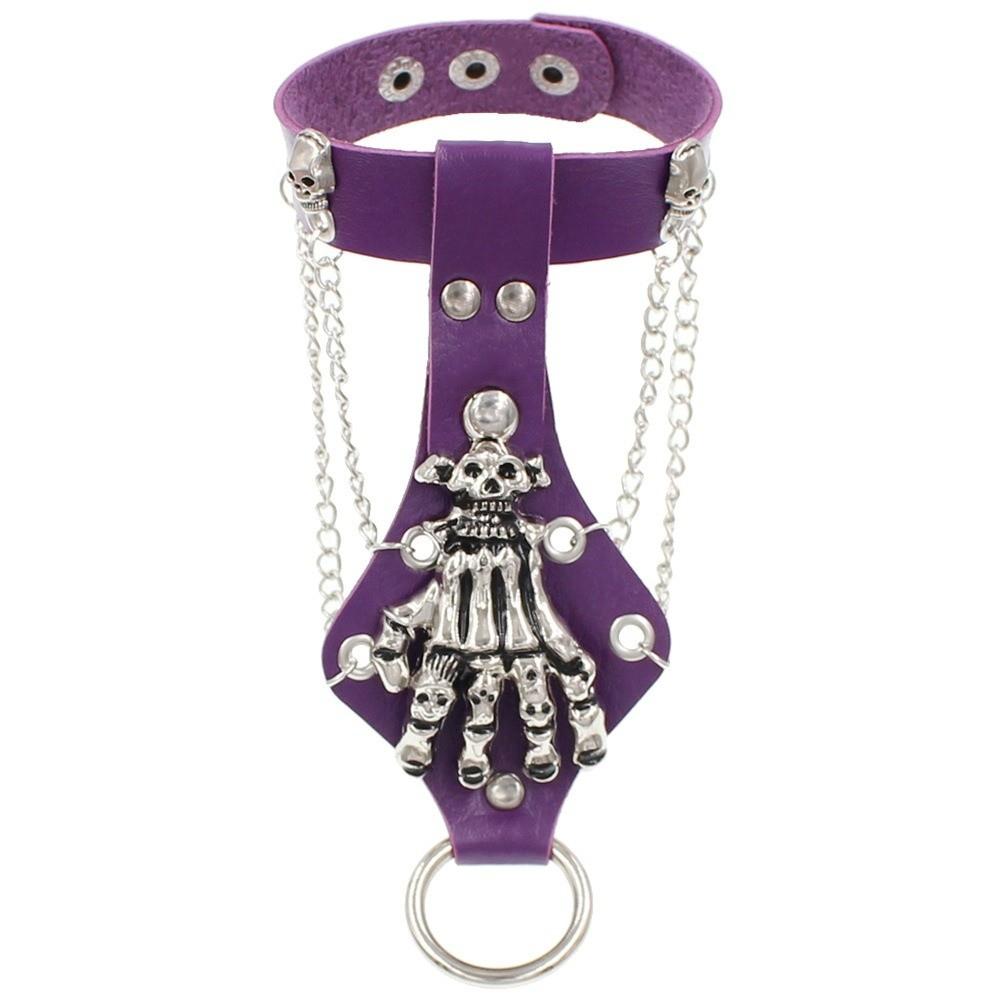 Solid Color PU Leather Bracelet Adjustable Wide Chain Bracelet Dark Style Skull Wristband Unisex