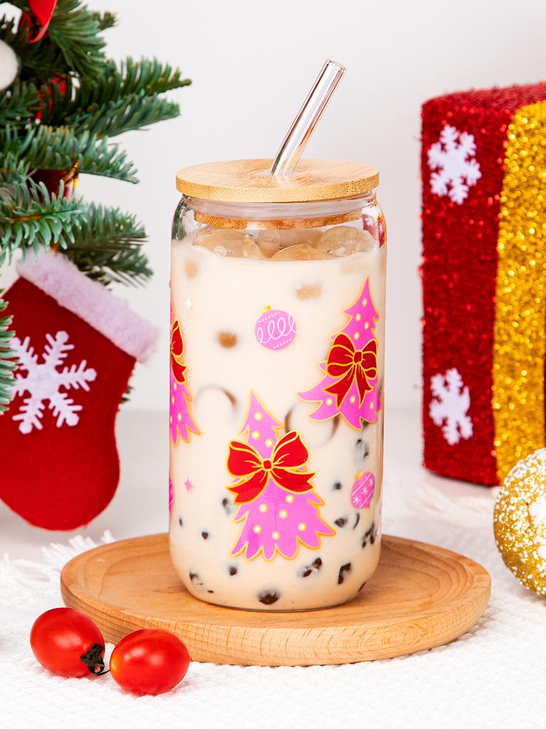 500ml Christmas Glass Cup Xmas Tree High Borosilicate Drinking Glass With Lid&Straw,Brush Juice Coffee Cup Christmas Gifts
