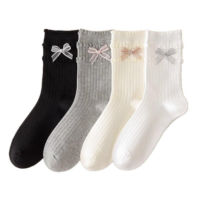 5 Pairs of Thin Solid-color Sweet Bow Mid Calf Socks for Girls In Summer