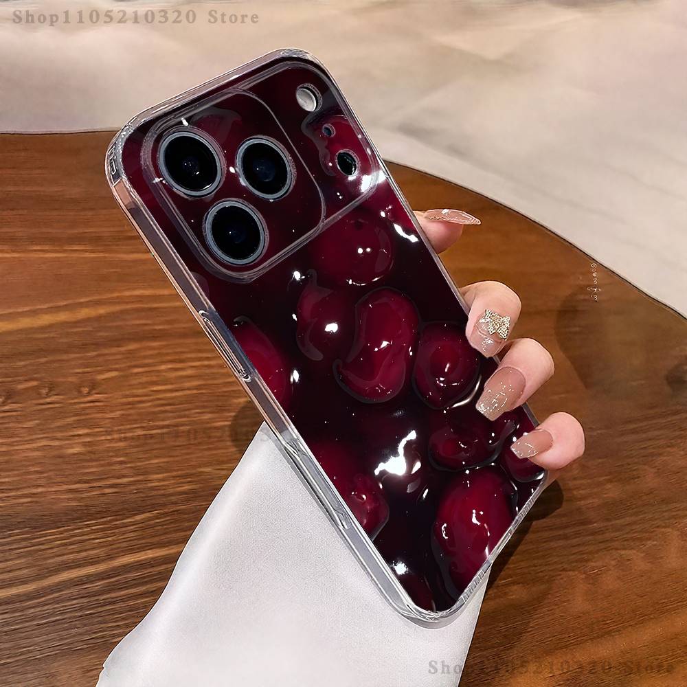 Прозрачный чехол для телефона с кристаллами и вишней для iPhone 17,16,15,14,13,12,11 Pro,Max,Plus,XR,Mini,E, Полное покрытие, Мягкий чехол