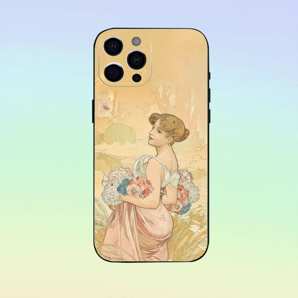 Vintage A-Alphonse Mucha Phone Case For iPhone 17, 16,15,14,13,12,11, Others Soft Silicone Black Cover