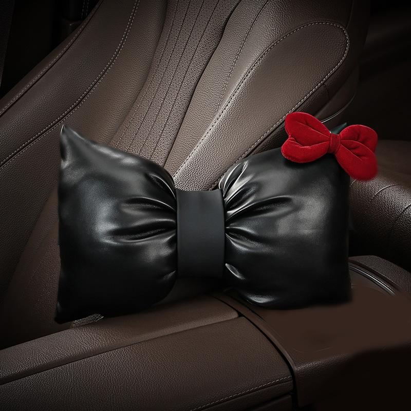 1Pc Fashion Red Bowknot Pu Leather Car Neck Pillow Auto Bow-Shaped Headrest Seat Support Waist Pillows Car Interior Accessories