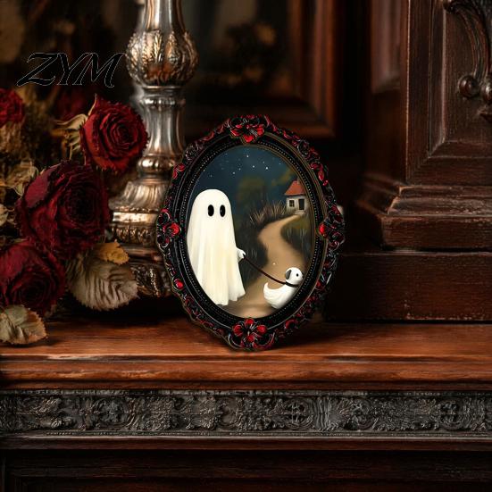 Crow And Ghost Wall Decor Halloween Wooden Refrigerator Magnet, Vintage Gothic Fridge Magnets, Oval Frame Decorative Waterproof Magnetic Art