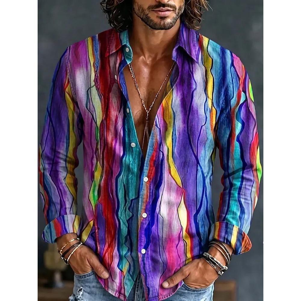Men's 3D Art Striped Printed Shirt Casual Retro Linen Style Long Sleeved Lapel Top Fashionable and Comfortable New Plus Size