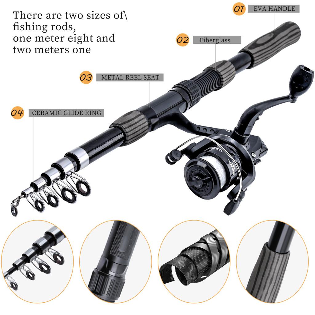 New Portable 1.8m-2.1m Telescopic Fishing Rod Gear Ratio 5.2:1 Reel Fishing Rod Kit Full Tools Spinning Reel Fishing Bait Accessories Bag