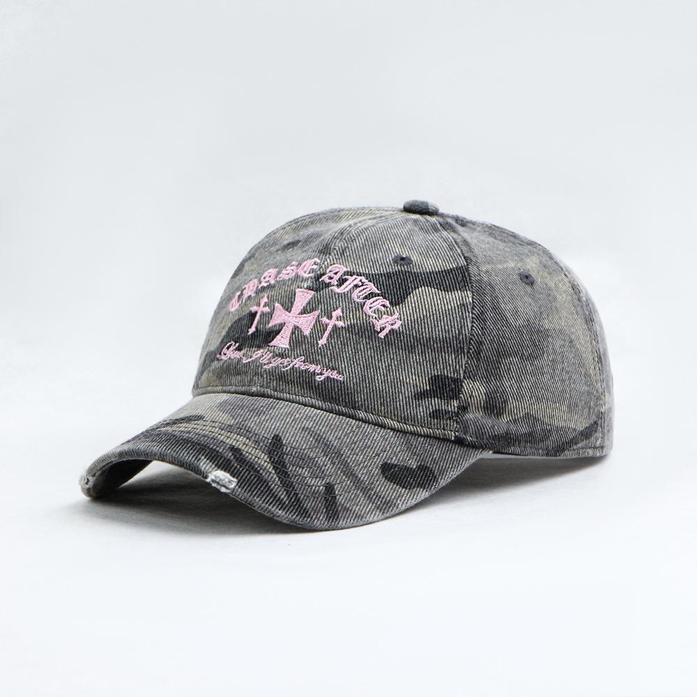 American Retro Old Cross Embroidery Camouflage Baseball Cap Women Versatile Face Small New Casual Soft Top Sun Baseball Cap Men