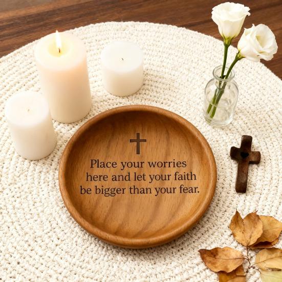 Wooden Prayer Bowl Farmhouse Rustic Handcrafted Bible Verses Faith Bowl Round Decorative Scripture Blessing