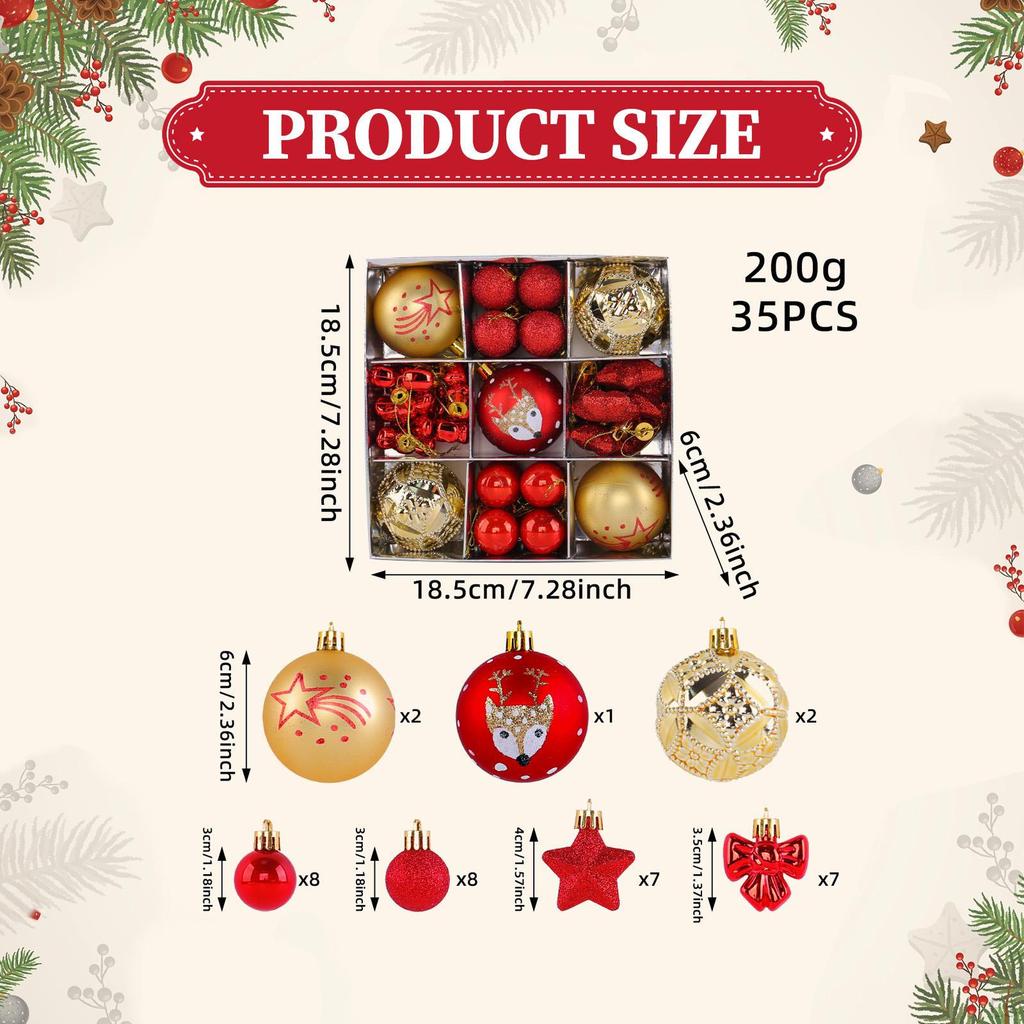 35 Pieces Christmas Ball Ornaments Set Tree Hanging with Star, Bowknot Shape